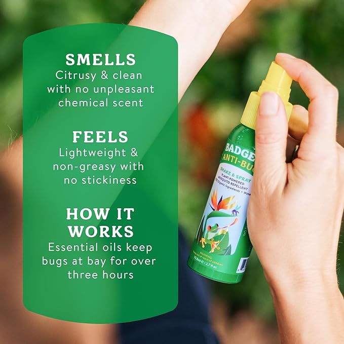 Badger Bug Spray, 3-Hour DEET-Free Mosquito Repellent, Family Friendly, Citronella & Organic Essential Oils, Natural & Vegan Insect Repellent Spray for Travel, 2.7 fl oz Aluminum Bottle, 2-Pack