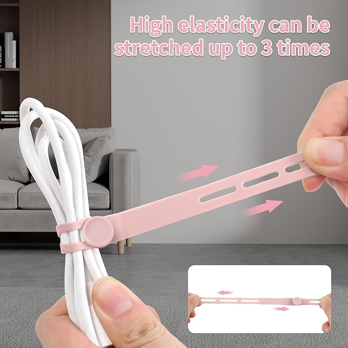 Oligei 25 Pcs Silicone Cable Ties, Cable Ties Reusable, High Elasticity Cord Wraps for Electrical Cords, Cord Organizer for Earphone, Phone Charger(Pink)