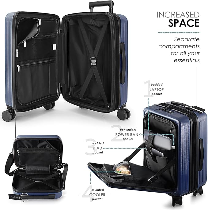 TRAVELARIM Navy Hardshell Luggage Sets 4 Piece, Durable Suitcase Set, Travel Luggage Set with Integrated TSA Lock, 360° Spinner Wheels, Expandable Medium and Large Checked Suitcase, 20/24/28 Inch