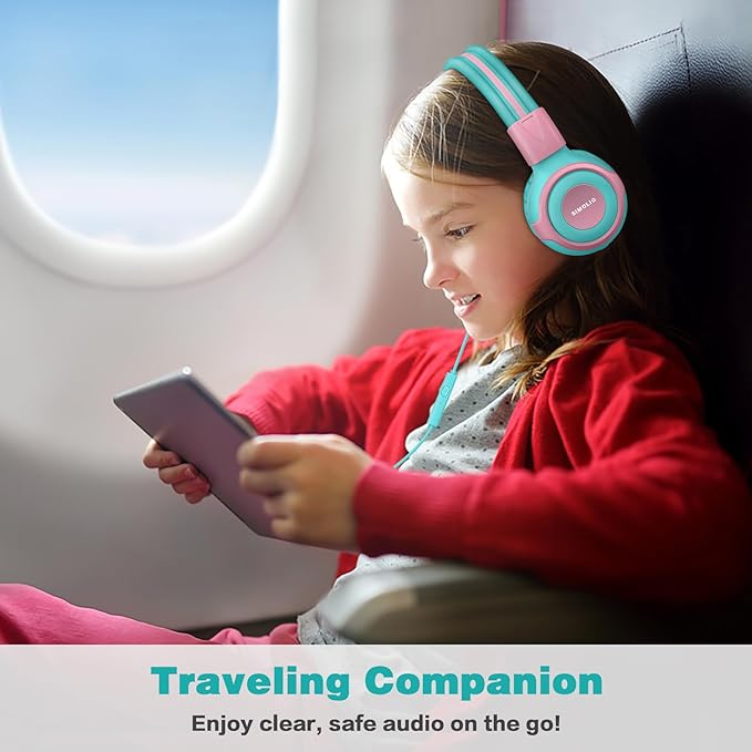 SIMOLIO Kids Headphone with Mic, 75dB,85dB,94dB Volume Limit Share Port, Child Headsets for Tablet/iPad/Kindle/Laptop, Sturdy Toddler Wired Headphones with Portable Bag for Girls, Boys (Mint & Pink)