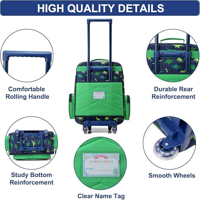 VASCHY Rolling Luggage for Kids, Cute Travel Carry on Suitcase for Boys Toddlers/Children with Wheels 18inch Dinosaur