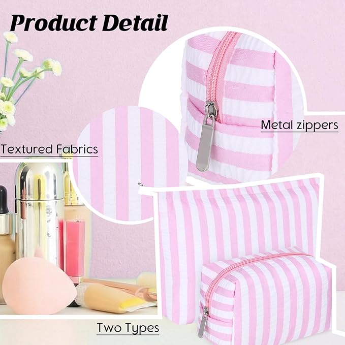 Huhumy 2 Pcs Makeup Bag Set Cute Cosmetic Pouch for Women Seersucker Travel Toiletry Bag Preppy Small Makeup Purse Pouch Aesthetic Skincare Brushes Storage Organizer for Valentine Women(Pink Wide)