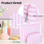 Huhumy 2 Pcs Makeup Bag Set Cute Cosmetic Pouch for Women Seersucker Travel Toiletry Bag Preppy Small Makeup Purse Pouch Aesthetic Skincare Brushes Storage Organizer for Valentine Women(Pink Wide)