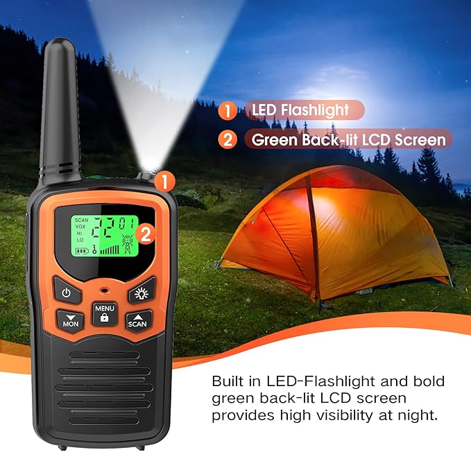 Walkie Talkies, MOICO Long Range Walkie Talkies for Adults with 22 FRS Channels, Family Walkie Talkie with LED Flashlight VOX LCD Display for Hiking Camping Trip (Orange 2 Pack)