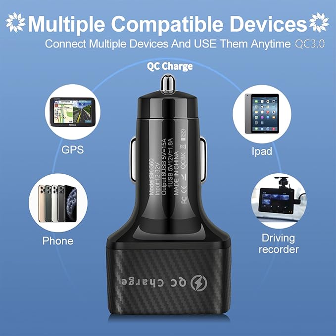 Amiss Car Charger Adapter, 6 USB Multi Port, Fast Charger, Include QC 3.0 and 5 Other Ports, Car Interior Accessories, Fit for iPhone 13/12/11/pro, Samsung Galaxy/Note S10/S9/S8, Android - Black