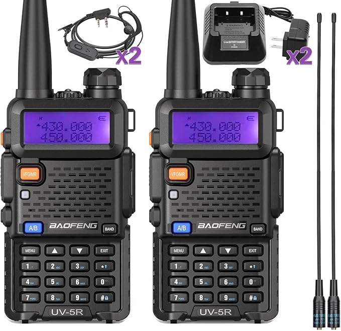 BAOFENG UV-5R Ham Radio Long Range UV5R Dual Band VHF UHF Rechargeable Walkie Talkies for Adults Handheld Two Way Radio with Earpiece AR-771 Full Kit for Camping Hunting Survival Gear,2Pack