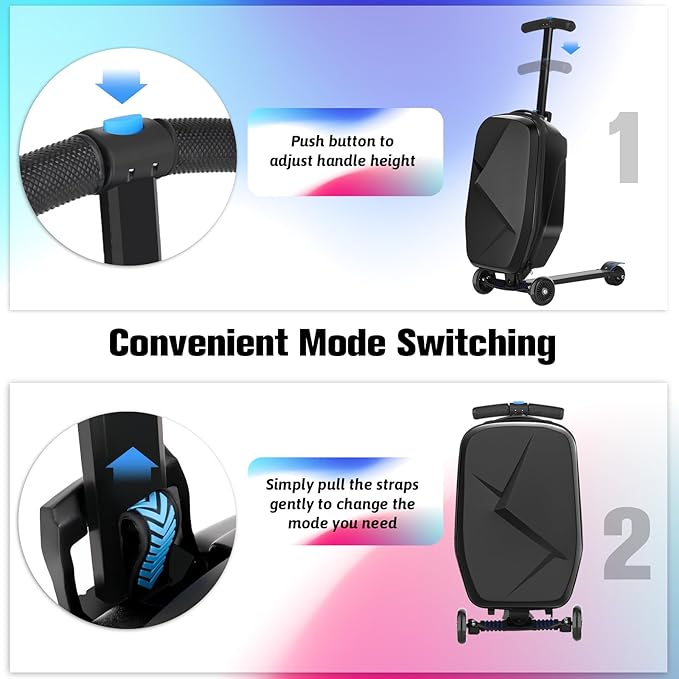 smilesun Scooter Luggage For Kids & Adults， Hardside Ride On Suitcase For Kids Ages 4-15 Multifunctional Lightweight Foldable Carry On Luggage With Wheels Ride On For Children Teenagers（Coal Black）
