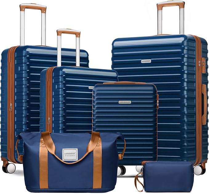 LARVENDER Luggage 6 Piece Expandable Luggage ABS Hardshell Carry on Suitcase with Spinner Wheels TSA Lock, Large Checked Travel Suitcase for Women and Men, Navy Blue(16/20/24/28/DB/TB)