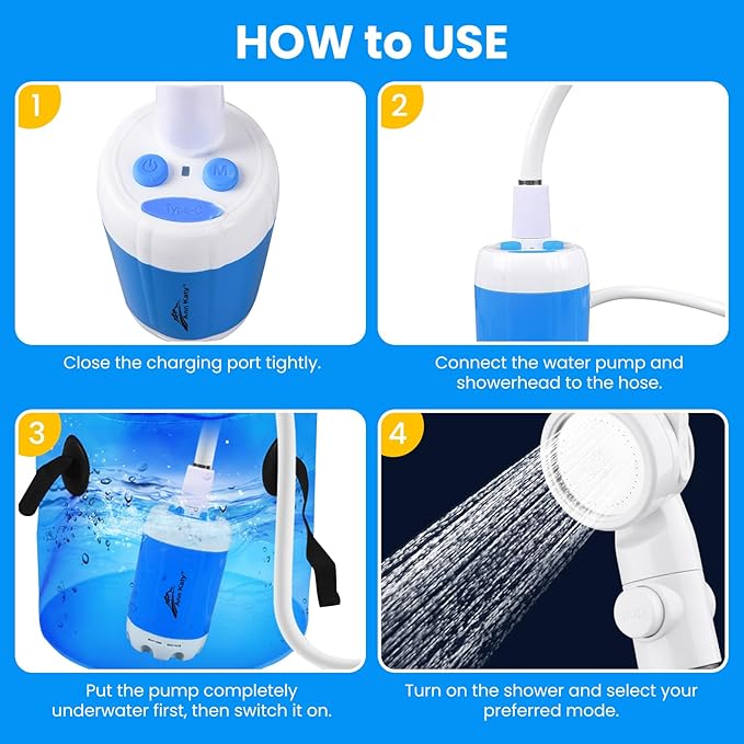 Ann Katy Portable Camping Shower Outdoor Camp Shower Pump,Upgrade Rechargeable Electric Shower Pump with Intelligent Digital Display Multiple Spray Modes for Camping, Hiking, Traveling,RV