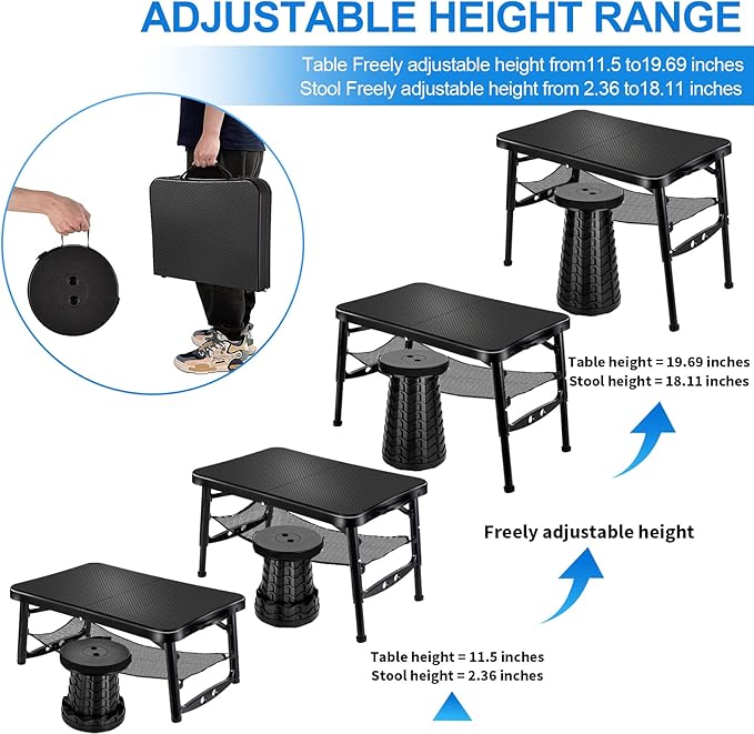 KPR Retractable Small Folding Table and Stool Set, Portable Camping Foldable Table Lightweight Yet More Sturdy with Adjustable Stool for Outdoor Picnic, Beach, Camp, Also Ideal as Laptop Bed Desk