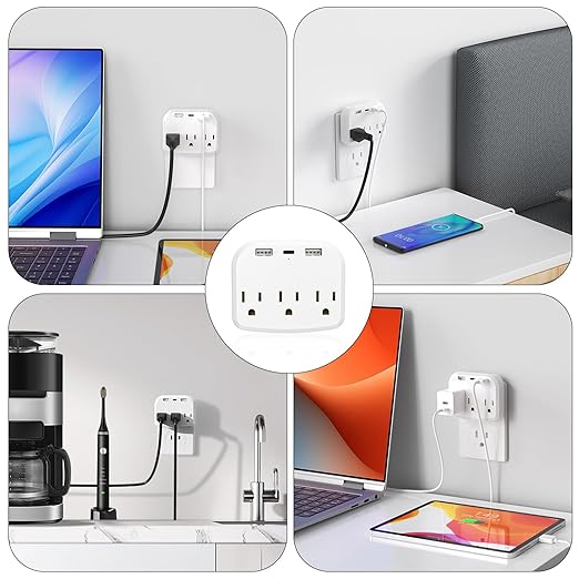 HITRENDS - Outlet Extender, with a Place to Put Your Phone and 2 USB-A and 1 USB Type-C Multi Plug Wall Outlet, Suitable for Bedrooms, Living Rooms, Offices, and Travel