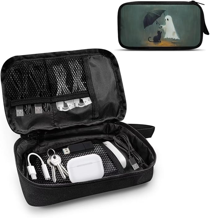 Halloween Ghost and Cat Print Electronic Organizer Travel Organizer Bag Electronics Accessories Cases Storage Bag Waterproof for Cable USB SD Card Power Bank Earphone