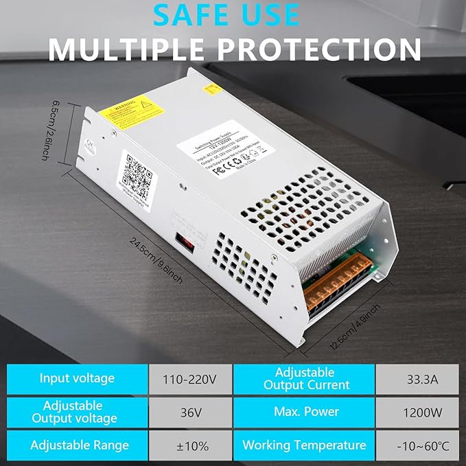 DC 36V 33.3A 1200W Power Supply, 110V AC to DC 36V Converter 1200w Switch Power Supply Transformer for Winch, Car Jack, LCD Monitor, CCTV, Car Stereo and More