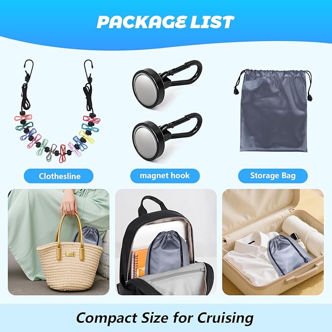 Magnetic Clothesline for Cruise Ship, Travel Clothesline with 12 Clothespins for Cruise Ship Essentials, Clothes Drying Rack with Strong Magnets Hooks and Storage Bag for Cruise Ship Cabin Outdoor