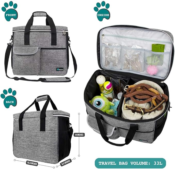 PetAmi Dog Travel Bag, Travel Pet Bag Organizer, Dog Food Travel Bag with Container Collapsible Bowls, Pet Travel Supplies Gift Accessories for Weekend Camping, Puppy Cat Diaper Bag, Gray Large