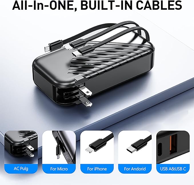 Portable Charger with Wall Plug 10000mAh Power Bank for iPhone 27W Portable Charger with Built in Cable Portable Phone Charger for iPhone 17/16/15, Samsung Android, Black