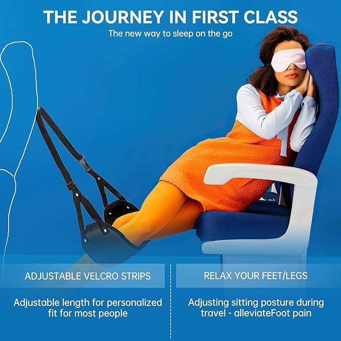 Plane Foot Hammock for Travel, Adjustable Airplane Foot Rest for Long Flights, Portable Leg Hammock for Airplane, Essential Travel Accessories, 2 Pack, Black & Blue