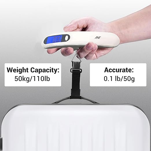 ANT Digital Luggage Scale 50kg – Portable High-Precision Travel Weight Scale with Backlit LCD, Strap Hook, Tare & Unit Switch – Ideal for Flights, Suitcases, Parcels – White
