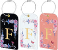 3 Pack Luxury Floral Luggage Tags, Durable PU Leather Suitcase Tags with Stainless Steel Cable Strap, Hidden ID Slot for Privacy Protection, Easy to Identify Waterproof Travel Accessories Gift (F)