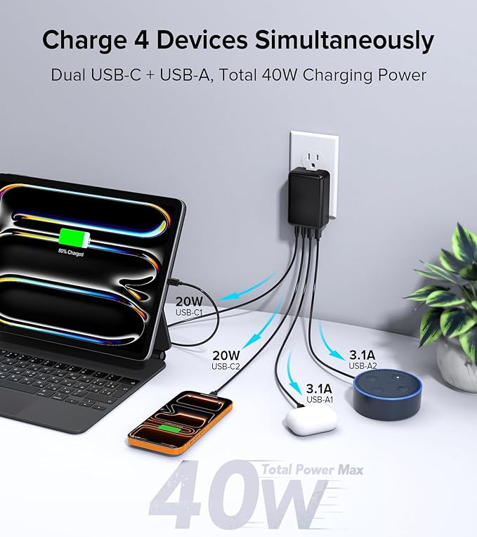 2Pack Flat USB C Charger Block, 40W 4-Port Fast Charger 20W Type C Charging Block 3.1A USB Wall Charger Dual Port PD+QC Charging Cube for iPhone 17 16 15 14 13 Pro Max XS, iPad,Samsung,Tablet（Black）