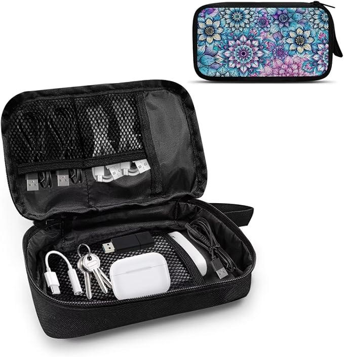 Purple Boho Flower Print Large Electronics Organizer, Travel Cord Organizer, Cable Storage Bag, Tech Accessories Case