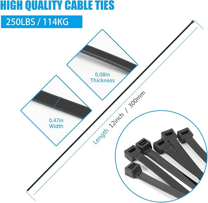 Armpow 12 inch Black Zip Ties Heavy Duty 80 PCS, 250 LBS Ultra Exclusive Strong Plastic Wire Ties, Large Cable Ties Extra Long Tie Wraps, Indoor and Outdoor UV Resistant