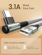 AINOPE 2-Pack 0.5ft USB C Cable, 3.1A Fast Charging, Right Angle, Durable Nylon Braided, Compatible with Galaxy S22 S21 Plus S20, Note 10 9 LG, Type C Charger