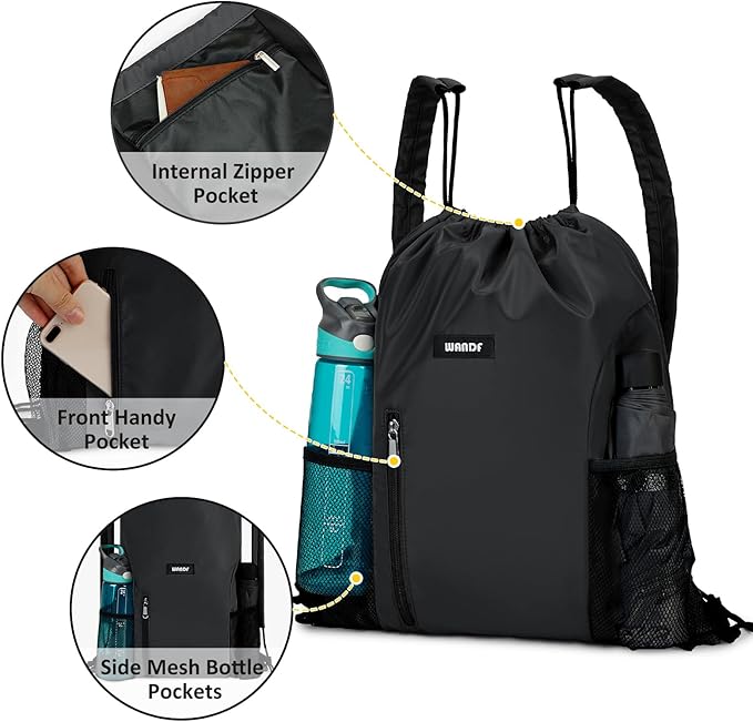 WANDF Drawstring Backpack with Shoulder Pad Sports Gym Backpack with Mesh Pocket String Bag for Women Men(Black)