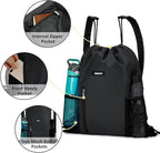 WANDF Drawstring Backpack with Shoulder Pad Sports Gym Backpack with Mesh Pocket String Bag for Women Men(Black)