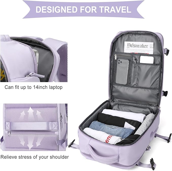 WONHOX Large Travel Backpack Women, Carry On Backpack,Hiking Backpack Waterproof Outdoor Sports Rucksack Casual Daypack with USB Charging Port Shoes Compartment, Purple