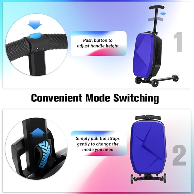 Scooter Luggage For Kids & Adults， Hardside Ride On Suitcase For Kids Ages 4-15 Multifunctional Lightweight Foldable Carry On Luggage With Wheels Ride On For Children Teenagers (Indigo Blue, 20")
