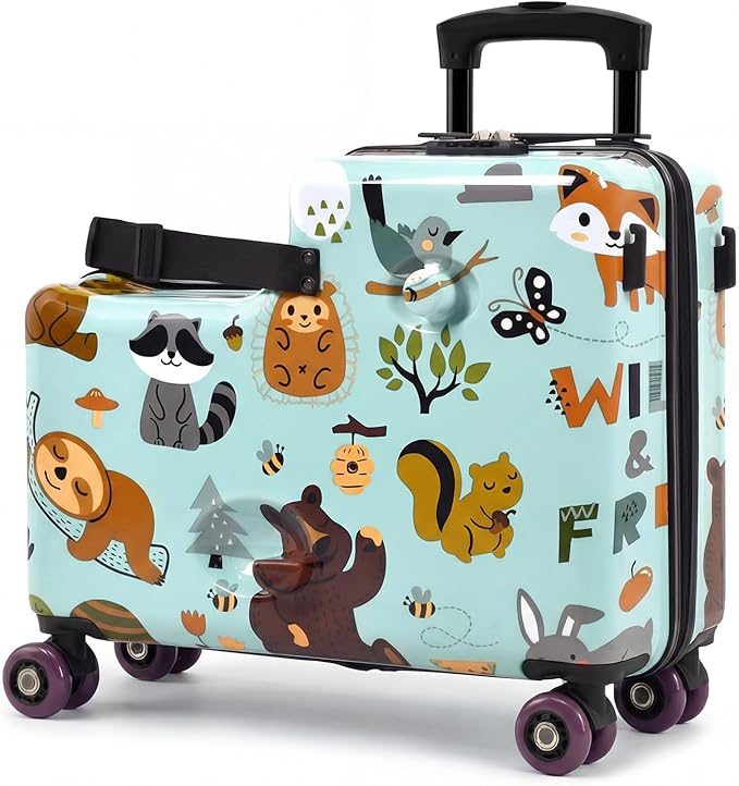smilesun 20" Ride-On Suitcase for Kids, Cute Pattern, Lightweight Hardshell Carry-On Luggage with Double Spinner Wheels, TSA Lock for Boys & Girls（Green）