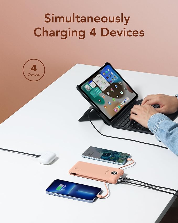 VEGER Portable Charger with Built-in AC Plug and Cables, All in One 10000mAh Ultra Slim Power Bank Travel Essentials, Fast Charging Battery Pack Compatible with iPhone, Samsung, More(Dark Pink)