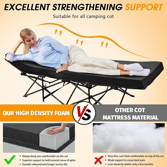 CYMULA Camping Cot Mattress 2in Memory Foam Sleeping Pad,Soft Warm Non-Slip Camping Mattress Topper with Retaining for Adults,Portable Roll up Pad for Travel（only Mattress）