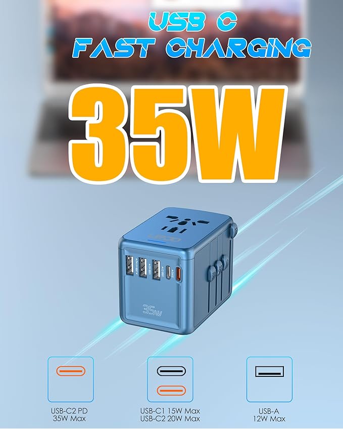 35W USB-C Travel Adapter Fast Charging for Laptop Phone, Universal Power Adapter with 5 Ports +2500W AC Outlet, International Plug Adapter Compatible for MacBook iPhone iPad Travel 200+ Countries