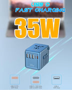 35W USB-C Travel Adapter Fast Charging for Laptop Phone, Universal Power Adapter with 5 Ports +2500W AC Outlet, International Plug Adapter Compatible for MacBook iPhone iPad Travel 200+ Countries