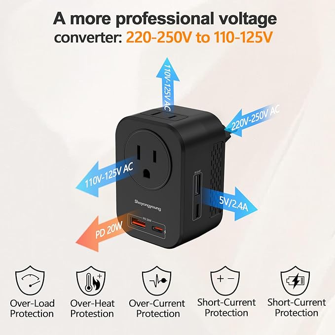 220V to 110V 20W PD Voltage Converter US to Europe International Universal Travel Adapter with 2 USB A 2 Type-C Port Worldwide Power Converters Plug Combo for Spain Italy (Black)-MB
