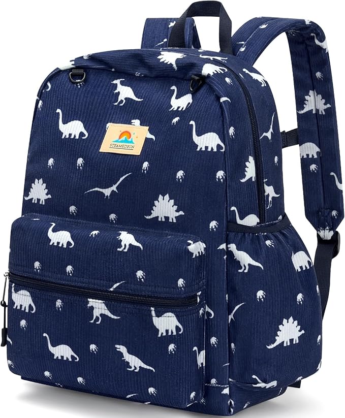 STEAMEDBUN Corduroy Kids Backpack for Boys and Girls 5-8: Boys Backpack for Elementary Kindergarten - 15 inch Cute Backpacks for Kids - Dinosaur