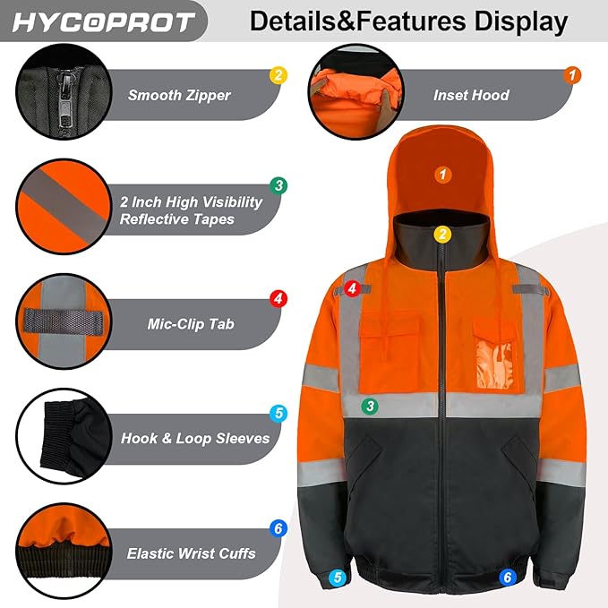 HYCOPROT Hi-Vis Safety Jacket for Men High Visibility Reflective Bomber Winter Waterproof Work Construction Coat ANSI Class 3