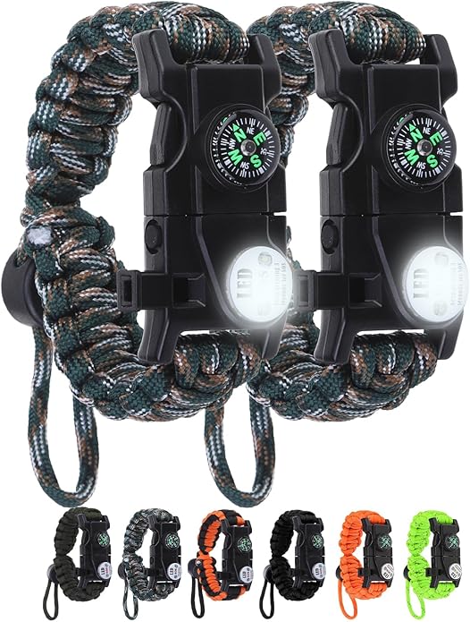 Survival Bracelets, Paracord Bracelets (2 pcs) with Loud Whistle Light Flint, Adjustable Compass Bracelet for Outdoor Camping Hiking Fishing Hunting, Multitools Tactical Gear, Bearable 300 lb