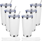 20 oz Tumbler with Lids and Straws, Stainless Steel Insulated Travel Coffee Mug, Double Wall Vacuum Insulated Tumblers, Powder Coated Coffee Tumbler for Cold & Hot Drinks (White, 6 Pack)