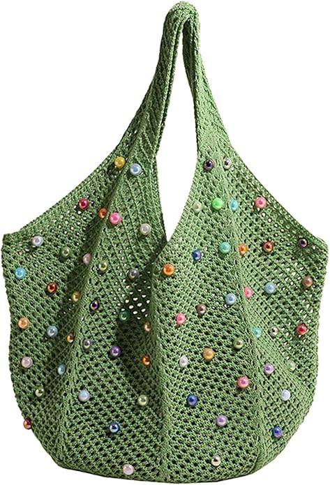 Boho Crochet Beach Tote Shoulder Bag with Colored Beads | Colorful Aesthetic Hippie Knit Bag for Women