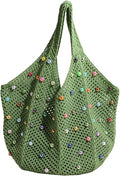 Boho Crochet Beach Tote Shoulder Bag with Colored Beads | Colorful Aesthetic Hippie Knit Bag for Women