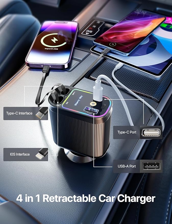 Retractable Car Charger with Starlight, 66W Starlight in Car roof 4 in 1 Retractable Car Phone Charger Adapter, Fast Charging USB C Cable, Compatible with iPhone 17/16/15/14/13/12