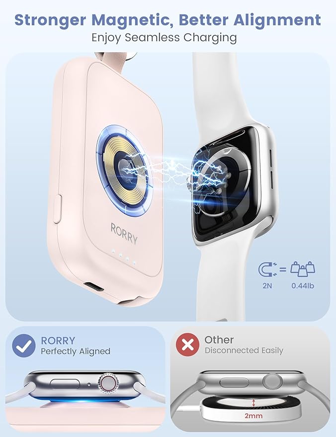 RORRY CharmGo Charger for Apple Watch Series 9, 2500mAh Fast Charging Portable Charger for iWatch, Travel Charger with Built-in USB C Cable for Apple Watch Ultra Series 9 8 7 6 3 Accessories, Pink