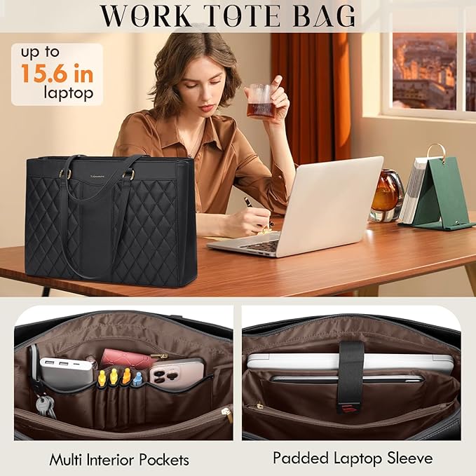RAINSMORE Laptop Bag for Women 15.6 Inch Work Tote Bags Leather Laptop Tote Professional Laptop Purse Computer Handbag Womens Briefcase Tote with Clutch for Teacher Office Travel, Black