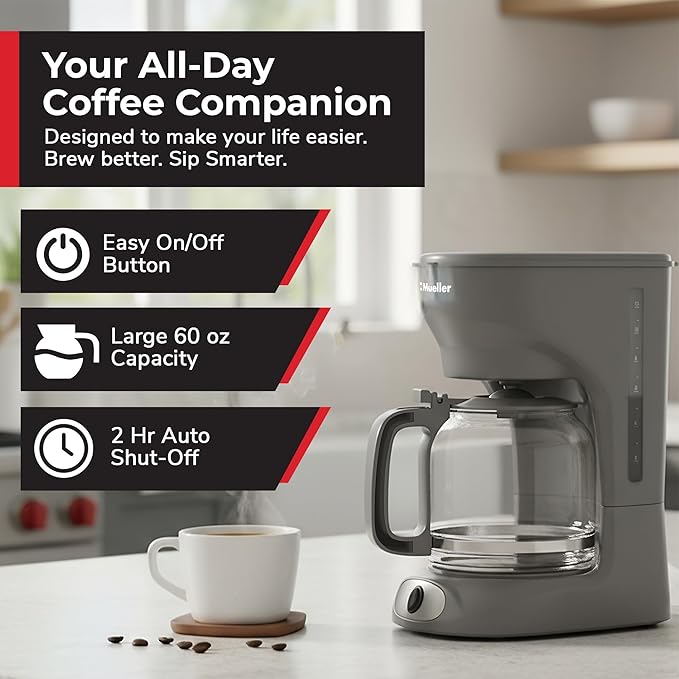 MUELLER HOME 12-Cup Drip Coffee Maker Perfect for Home or Office, Borosilicate Carafe, Auto-Off, Reusable Filter, Anti-Drip, Keep-Warm Function, Clear Water Level Window, Gray