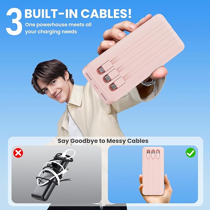 Portable Charger 50800mAh Power Bank with 3 Built in Cables,25W PD QC4.0 Fast Charging USB C Battery Pack,6 Outputs 2 Inputs Travel Essentials Phone Charger for iPhone 17/16/15,Google,Android,Pink
