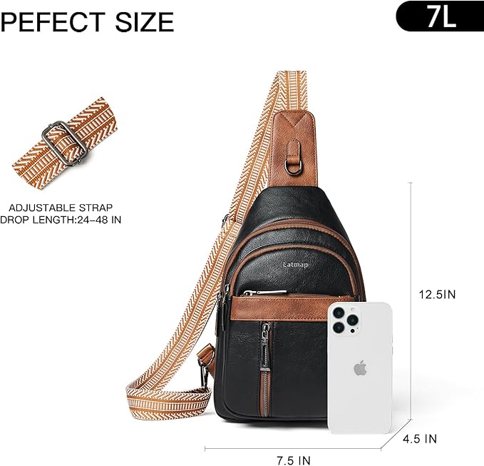 LATMAP 7L Sling Bag For Women Men Backpack Fanny Pack Crossbody Chest Travel Shoulder Belt Bags Purse Handbag PU Leather