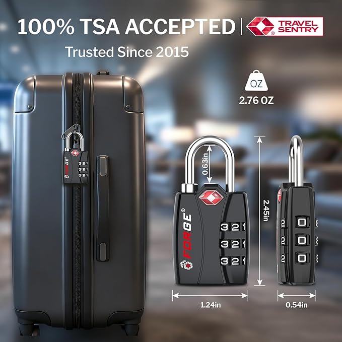 Forge Open Alert TSA Approved Luggage Locks - 3 Digit Combination, Easy Read Dials, Zinc Alloy Body - Ideal Travel Lock for Luggage, Suitcases, Bags & Toolboxes (Black 6 Locks)